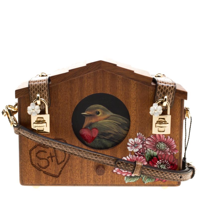 Dolce and Gabbana Brown Wooden Bird House Shoulder Bag