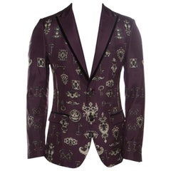 Dolce and Gabbana Burgundy Key and Axe Printed Silk Velvet Trim Jacket S