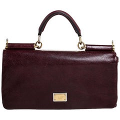 Dolce and Gabbana Burgundy Leather East West Miss Sicily Leather Top Handle Bag