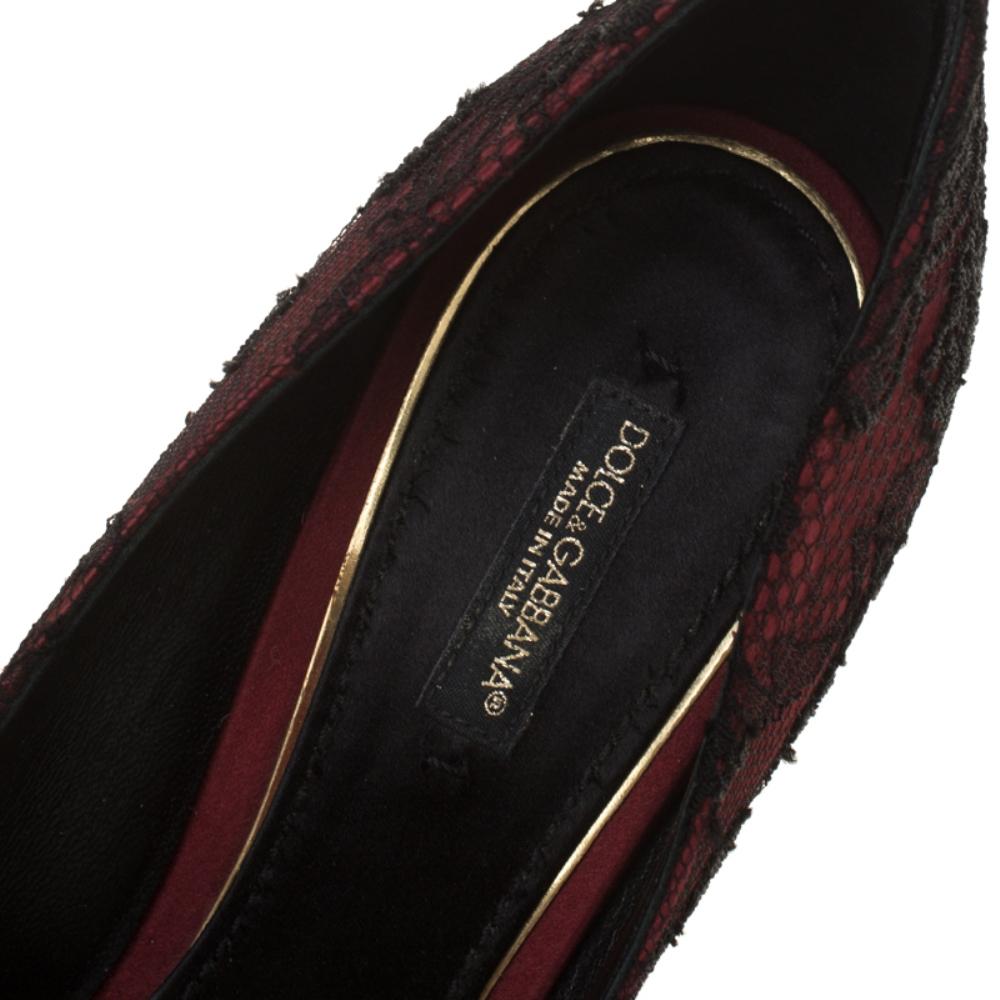 Women's Dolce and Gabbana Burgundy Satin and Black Lace Peep Toe Pumps Size 38
