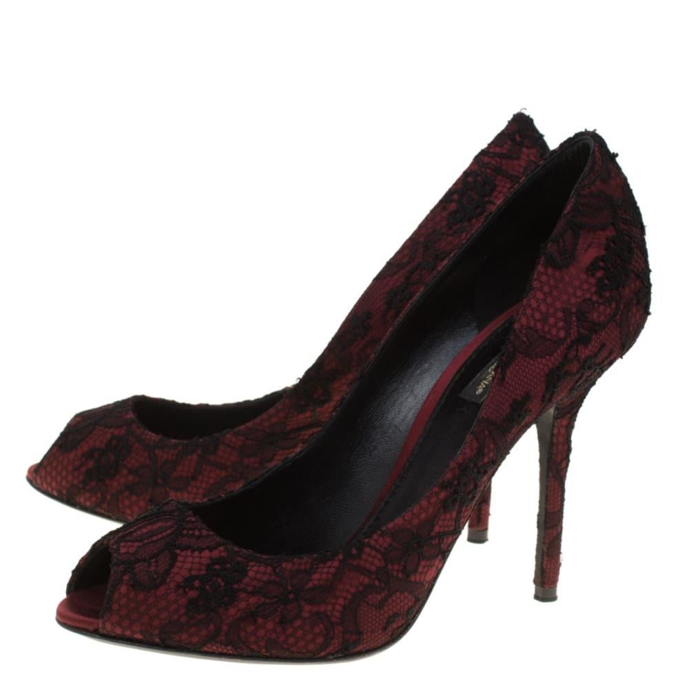 Dolce and Gabbana Burgundy Satin and Black Lace Peep Toe Pumps Size 38 1