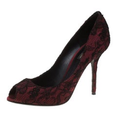 Dolce and Gabbana Burgundy Satin and Black Lace Peep Toe Pumps Size 38