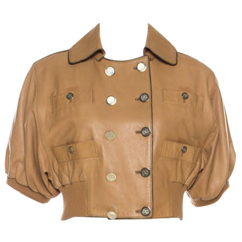 Dolce and Gabbana Camel Brown Short Sleeve Cropped Leather Jacket M