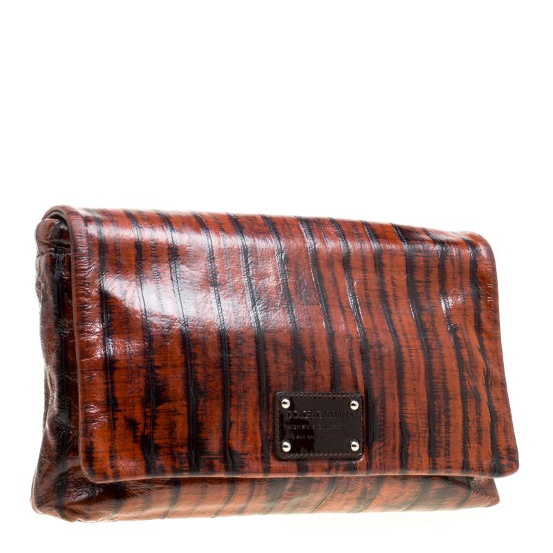 Brown Dolce and Gabbana Copper Patent Leather Large Clutch
