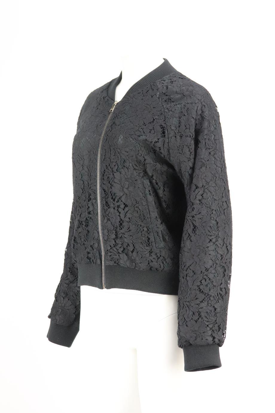 This jacket by Gucci is cut in a traditional bomber silhouette, it is made from delicate corded lace that's left unlined for lightness and finished with ribbed trims enhance the sporty feel. Black corded lace. Zip fastening at front. 82% Cotton, 14%