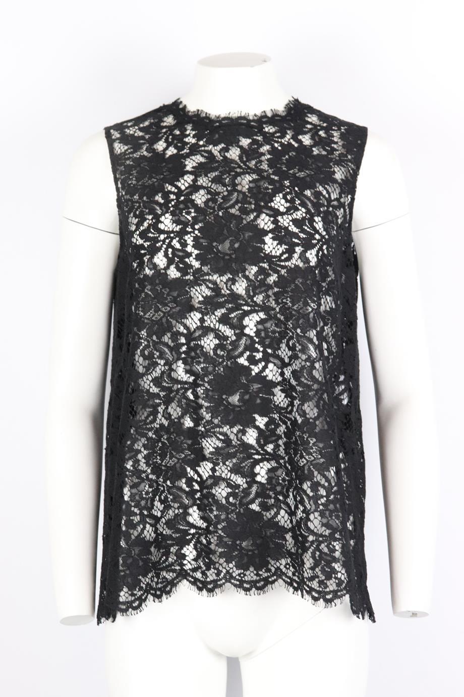 Dolce & Gabbana cotton blend corded lace top. Black. Sleeveless, crewneck. Zip fastening at back. 58% Cotton, 35% viscose, 7% polyamide; lining: 76% silk, 4% elastane, 4% polyamide. Size: IT 48 (UK 16, US 12, FR 44). Bust: 41 in. Waist: 42.4 in.
