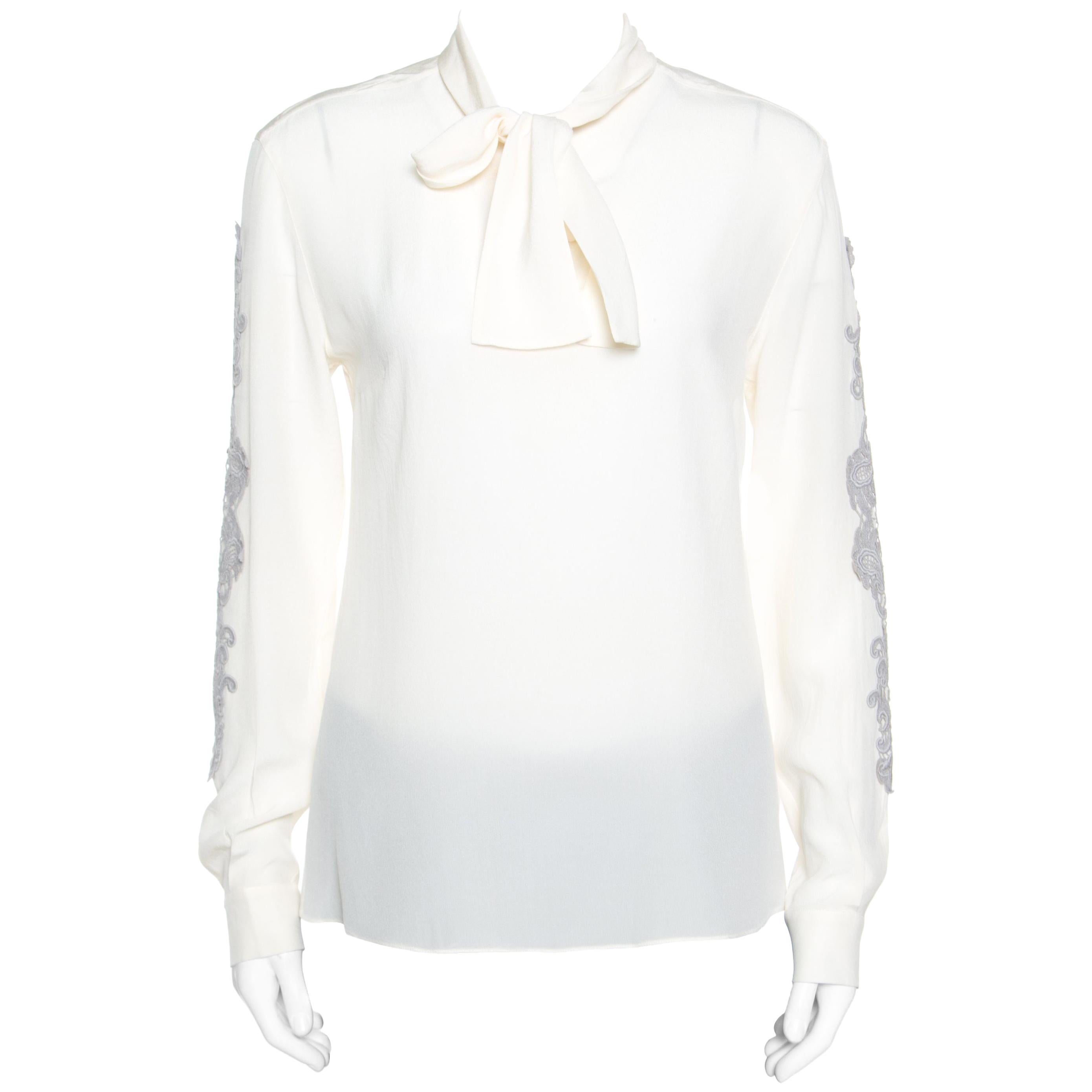 Dolce and Gabbana Cream Silk Lace Applique Bow Tie Detail Blouse S