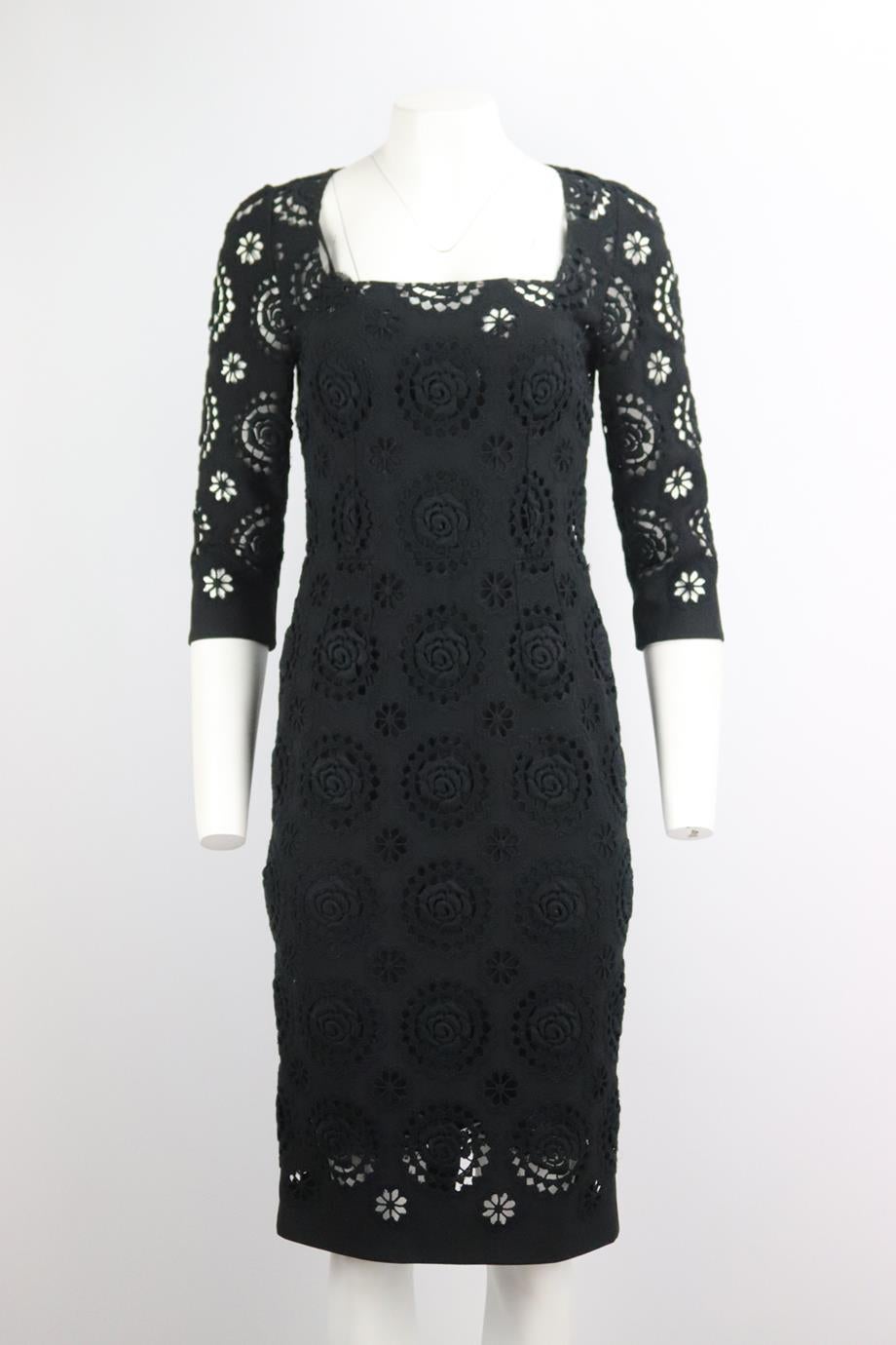 Dolce & Gabbana crochet trimmed crepe midi dress. Black. Long sleeve, square-neck. Zip fastening at back. Size: IT 40 (UK 8, US 4, FR 36). Bust: 32 in. Waist: 28 in. Hips: 36 in. Length: 41 in. Very good condition - No sign of wear; see pictures. 
