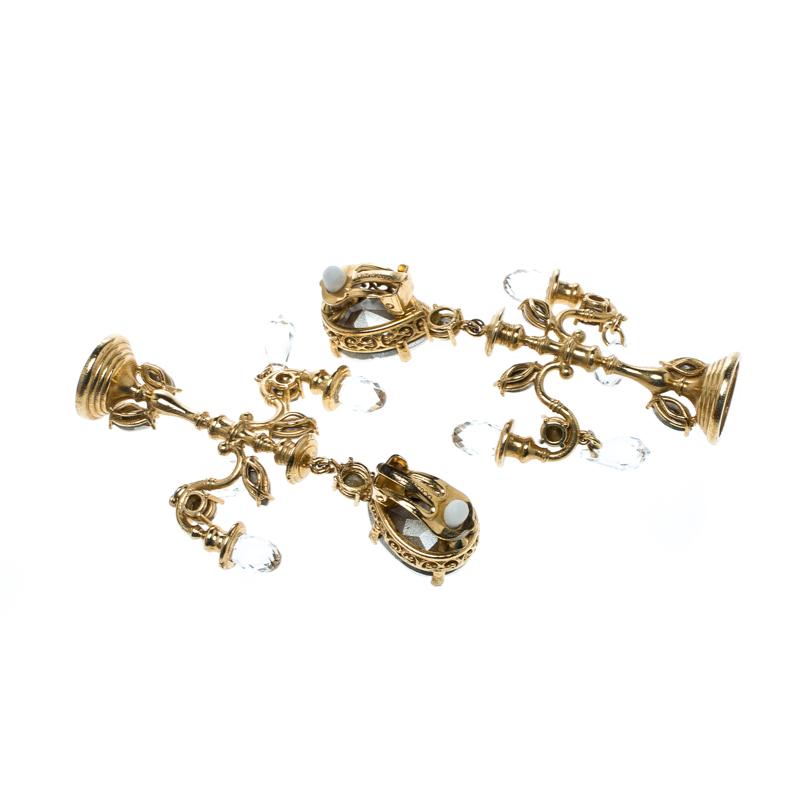 Contemporary Dolce and Gabbana Crystal Candle Gold Tone Clip-on Chandelier Earrings