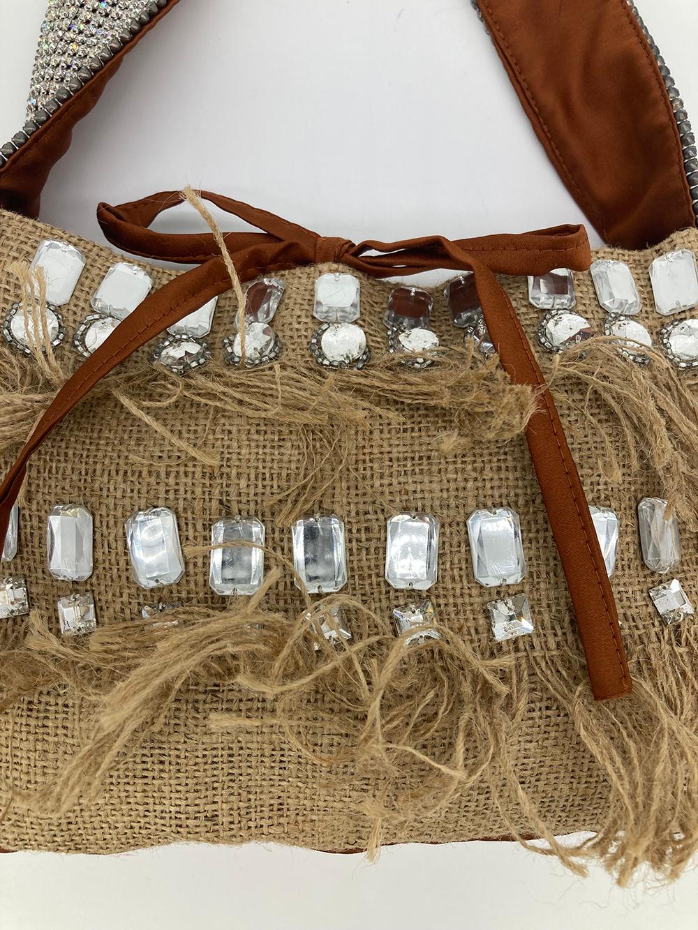 Dolce and Gabbana Crystal Rhinestone Burlap Shoulder Bag In Excellent Condition For Sale In Philadelphia, PA
