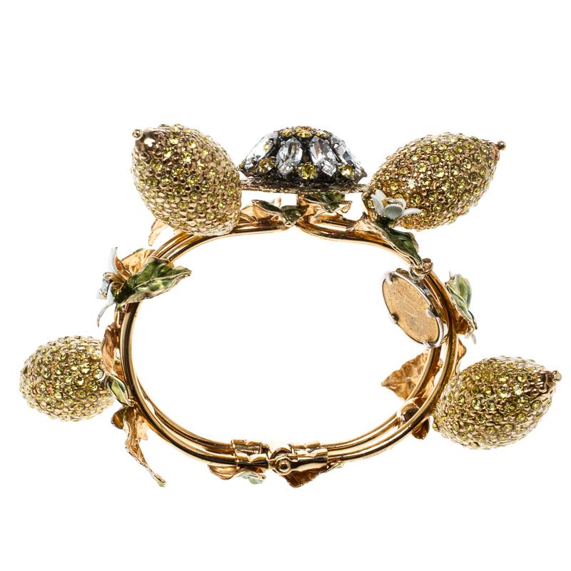 Contemporary Dolce and Gabbana Crystal Studded Lemon Gold Tone Floral Bracelet