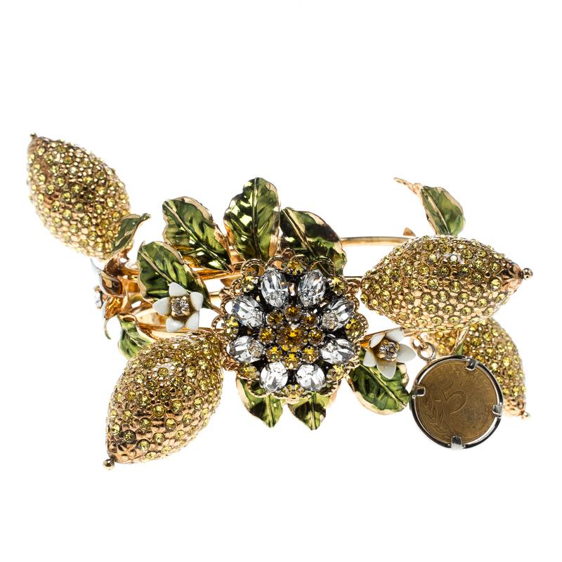 Women's Dolce and Gabbana Crystal Studded Lemon Gold Tone Floral Bracelet