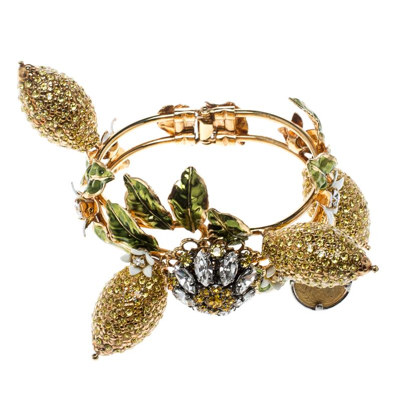 Dolce and Gabbana Crystal Studded Lemon Gold Tone Floral Bracelet 2