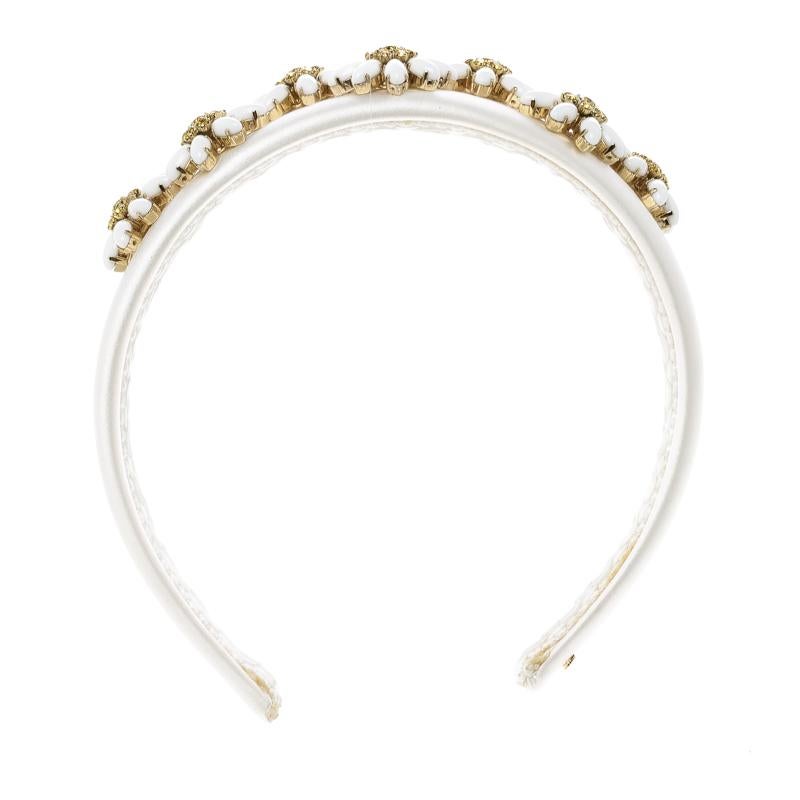 Dolce and Gabbana Daisy Flower Embellished White Satin Headband