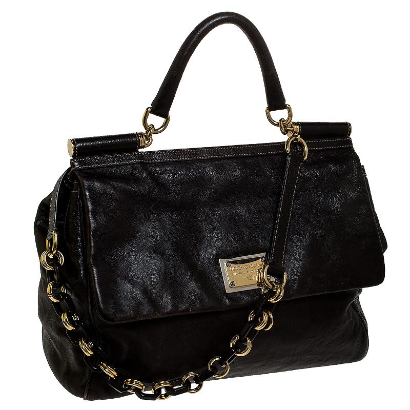 Black Dolce and Gabbana Dark Brown Leather Top Handle Miss Sicily Bag