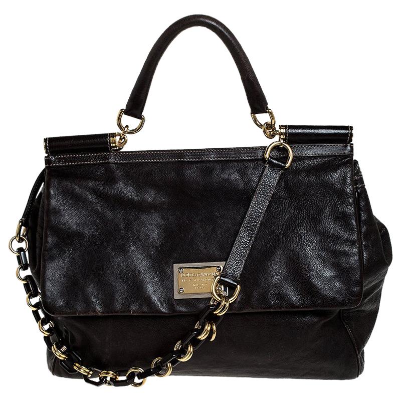 Dolce and Gabbana Dark Brown Leather Top Handle Miss Sicily Bag