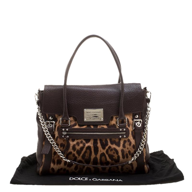 Dolce and Gabbana Dark Brown Leopard Print Leather and Calf Hair Top Handle Bag 7