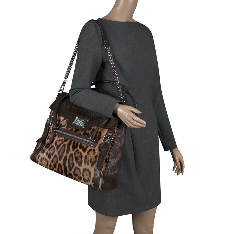 Black Dolce and Gabbana Dark Brown Leopard Print Leather and Calf Hair Top Handle Bag