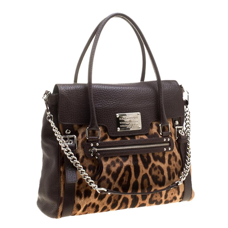 Dolce and Gabbana Dark Brown Leopard Print Leather and Calf Hair Top Handle Bag In Excellent Condition In Dubai, Al Qouz 2