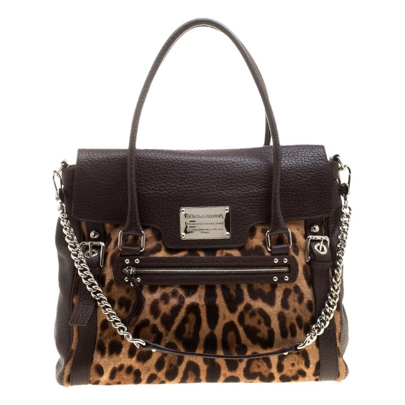 Dolce and Gabbana Dark Brown Leopard Print Leather and Calf Hair Top Handle Bag