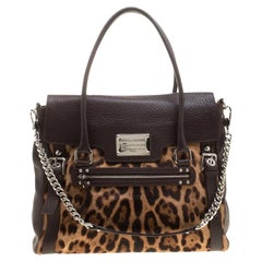 Dolce and Gabbana Dark Brown Leopard Print Leather and Calf Hair Top Handle Bag