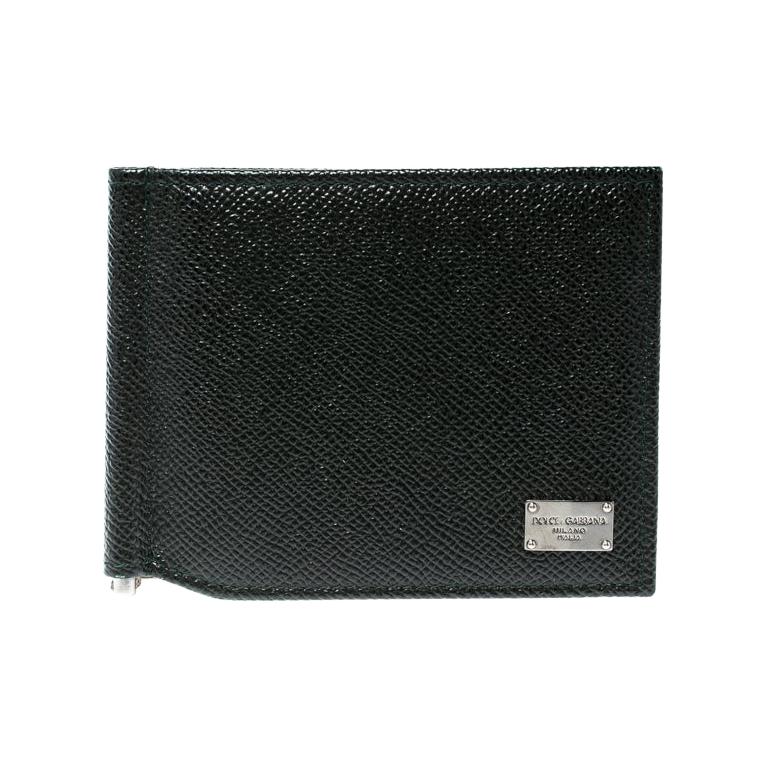 Dolce and Gabbana Dark Green Leather Money Clip Bifold Card Holder