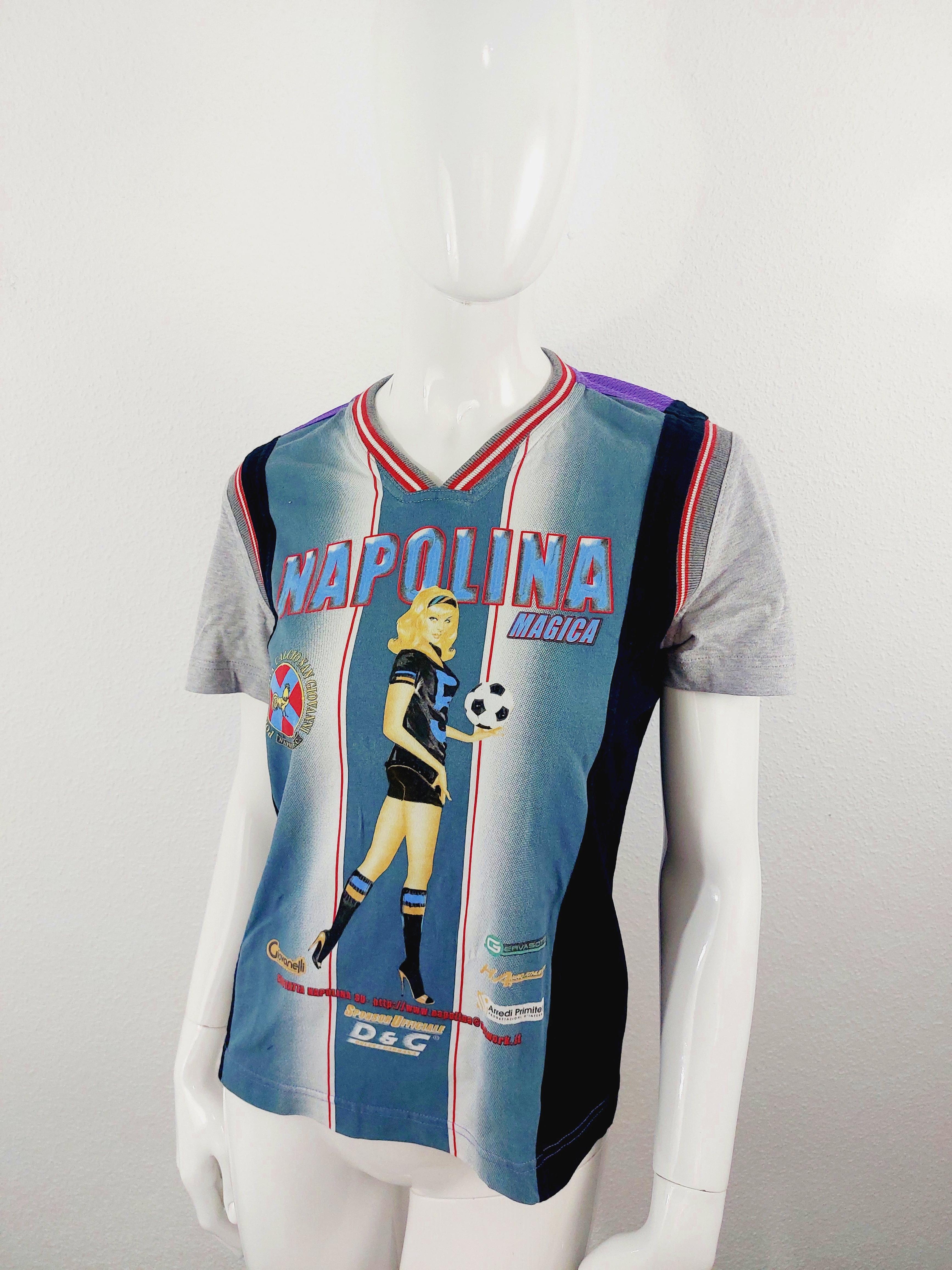 Dolce and Gabbana D&G Football Championship Napolina Magica 1990s Napolina Hybrid Soccer Jersey Top
Top T-shirt
Vintage 90's Dolce and Gabbana - Rare! 
Napolina Magica Football Graphic
 Graphic Lettering & Graphics at Front 
Crew Neck 
Short