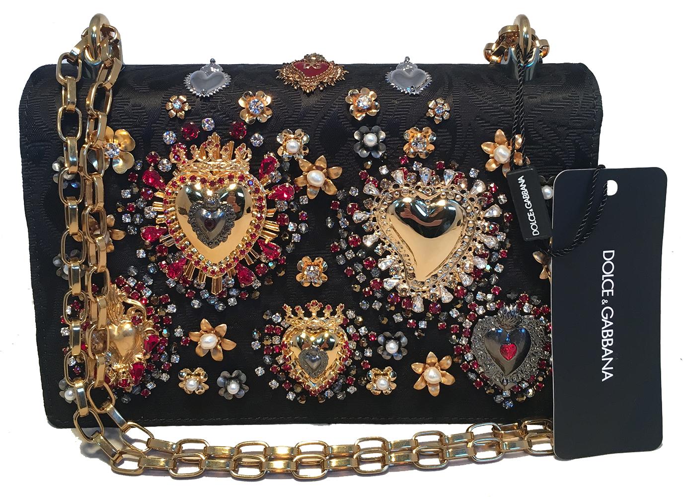 Dolce and Gabbana DG Girls Brocade Hearts Embellished Handbag In New Condition In Philadelphia, PA