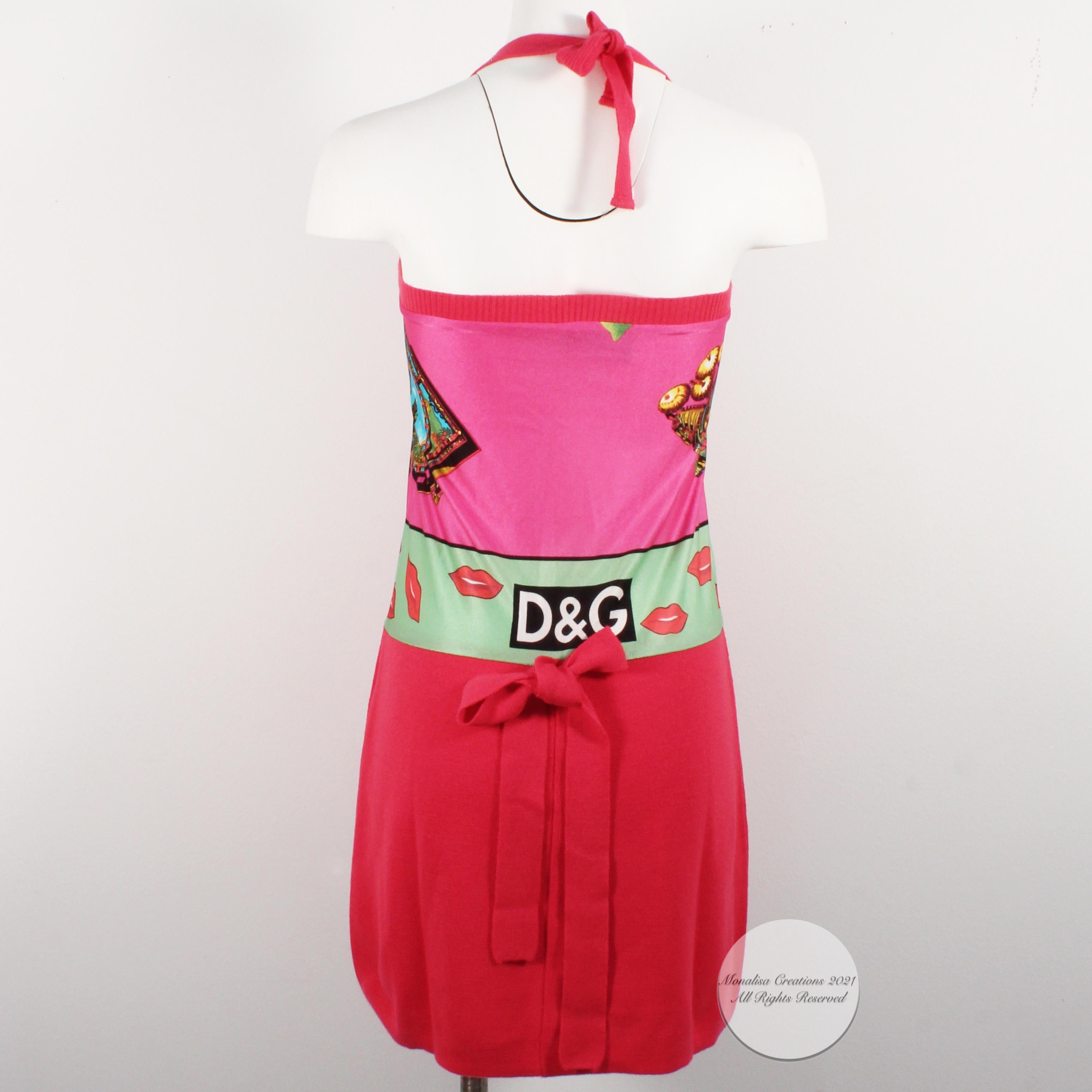 Dolce and Gabbana D&G Halter Dress Pink Satin Knit Graphic Lips Pattern  1