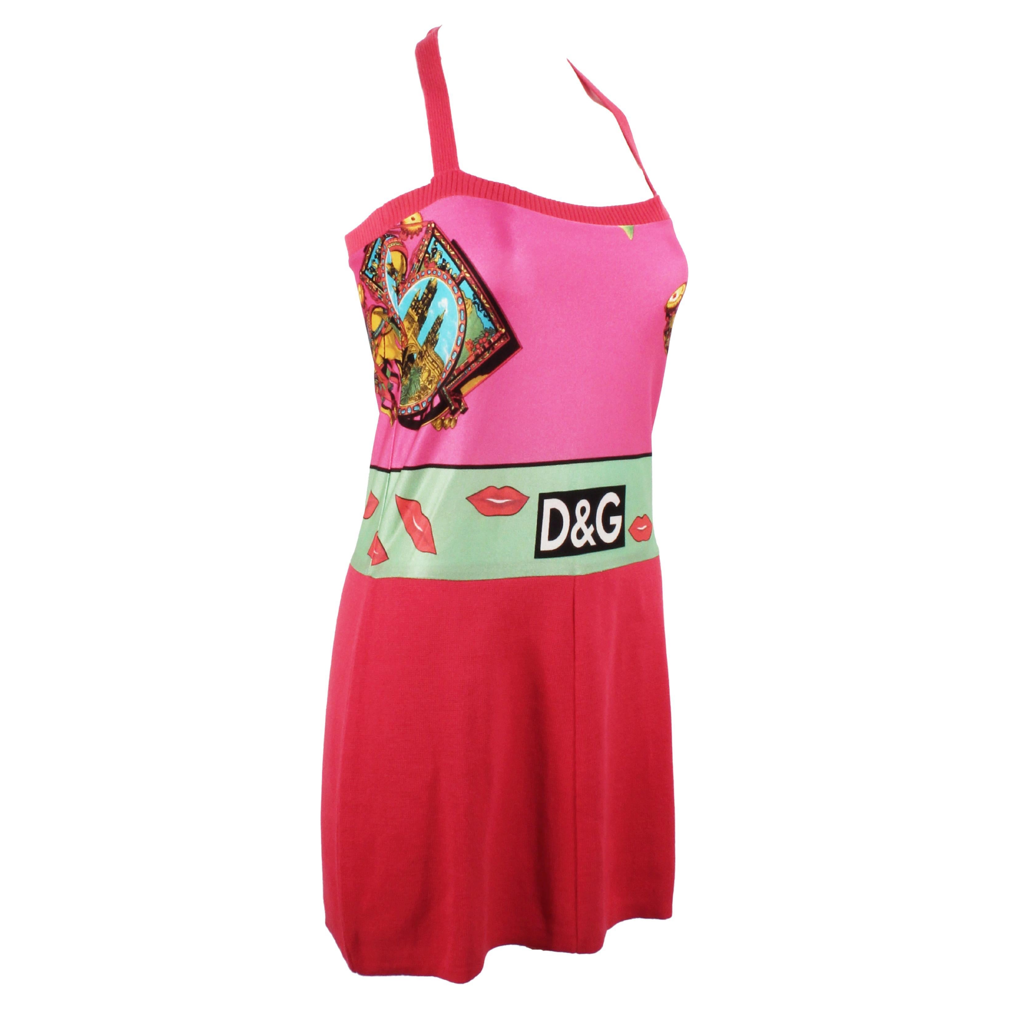 Dolce and Gabbana D&G Halter Dress Pink Satin Knit Graphic Lips Pattern 