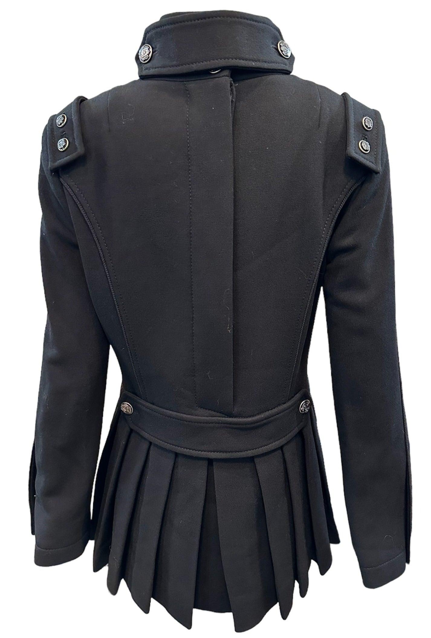 Dolce and Gabbana 2000s black wool military-inspired coat.  Double-breasted styling, high neck, and epaulets provide a serious and authentic military look. Made of 100% winter weight wool, it offers warmth while its pleated skirt hem adds a bit of