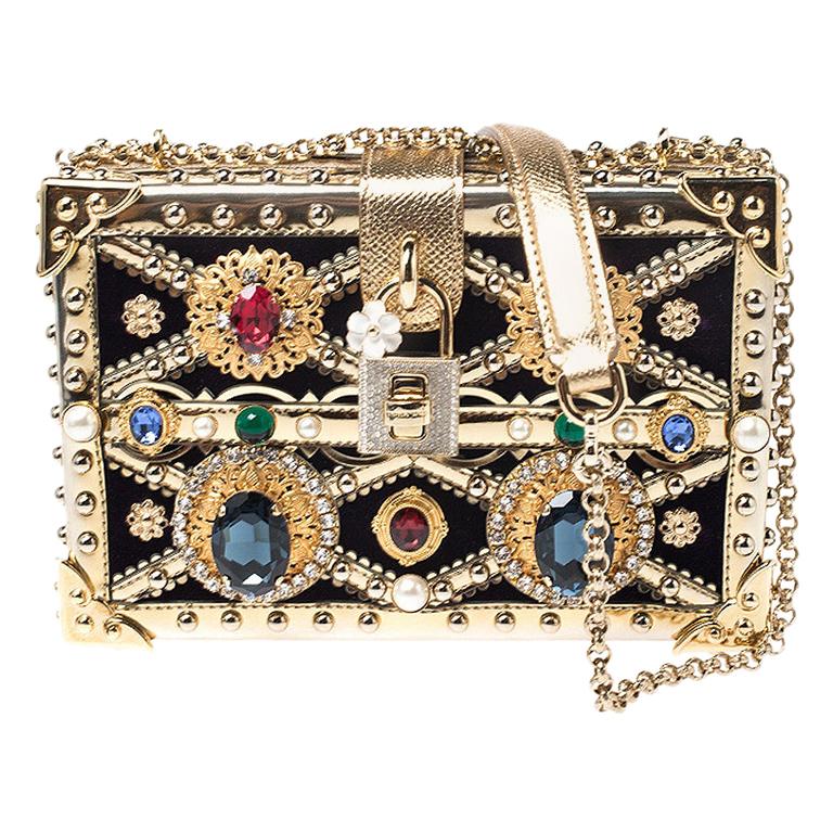 Dolce and Gabbana Embellished Leather and Velvet Box Pad lock Shoulder