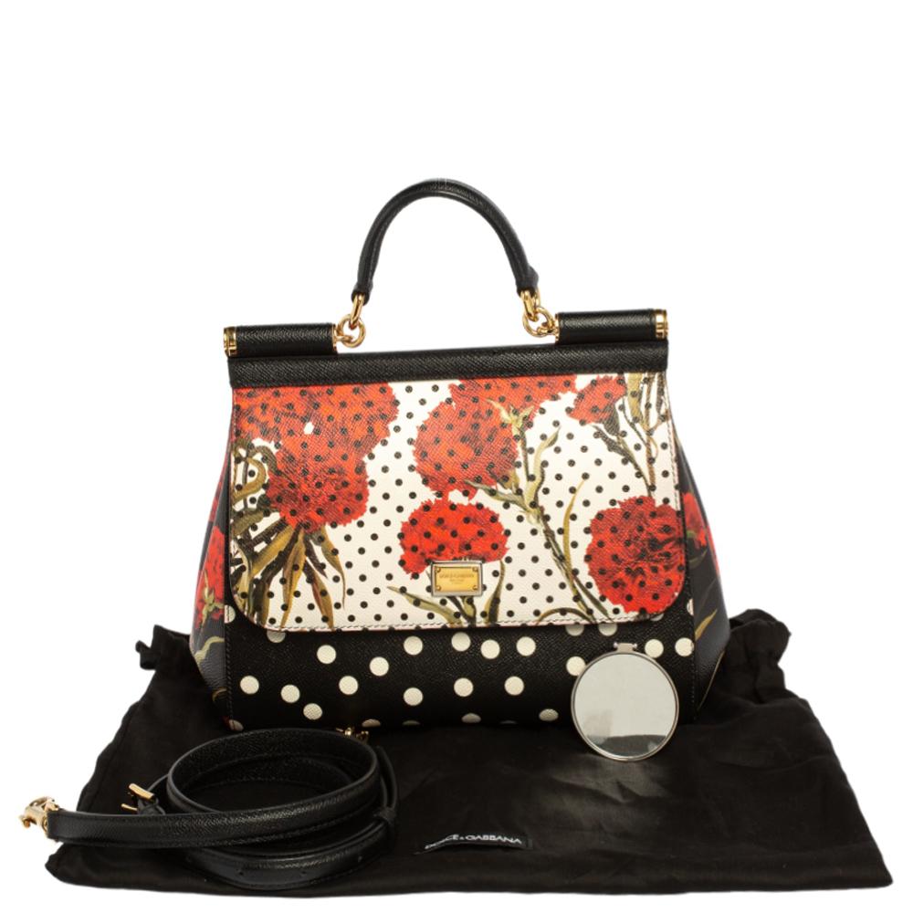 Dolce and Gabbana Floral And Polka Dot Print Leather Miss Sicily Top Handle Bag 6