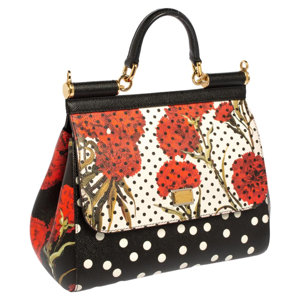 Beige Dolce and Gabbana Floral And Polka Dot Print Leather Miss Sicily Top Handle Bag