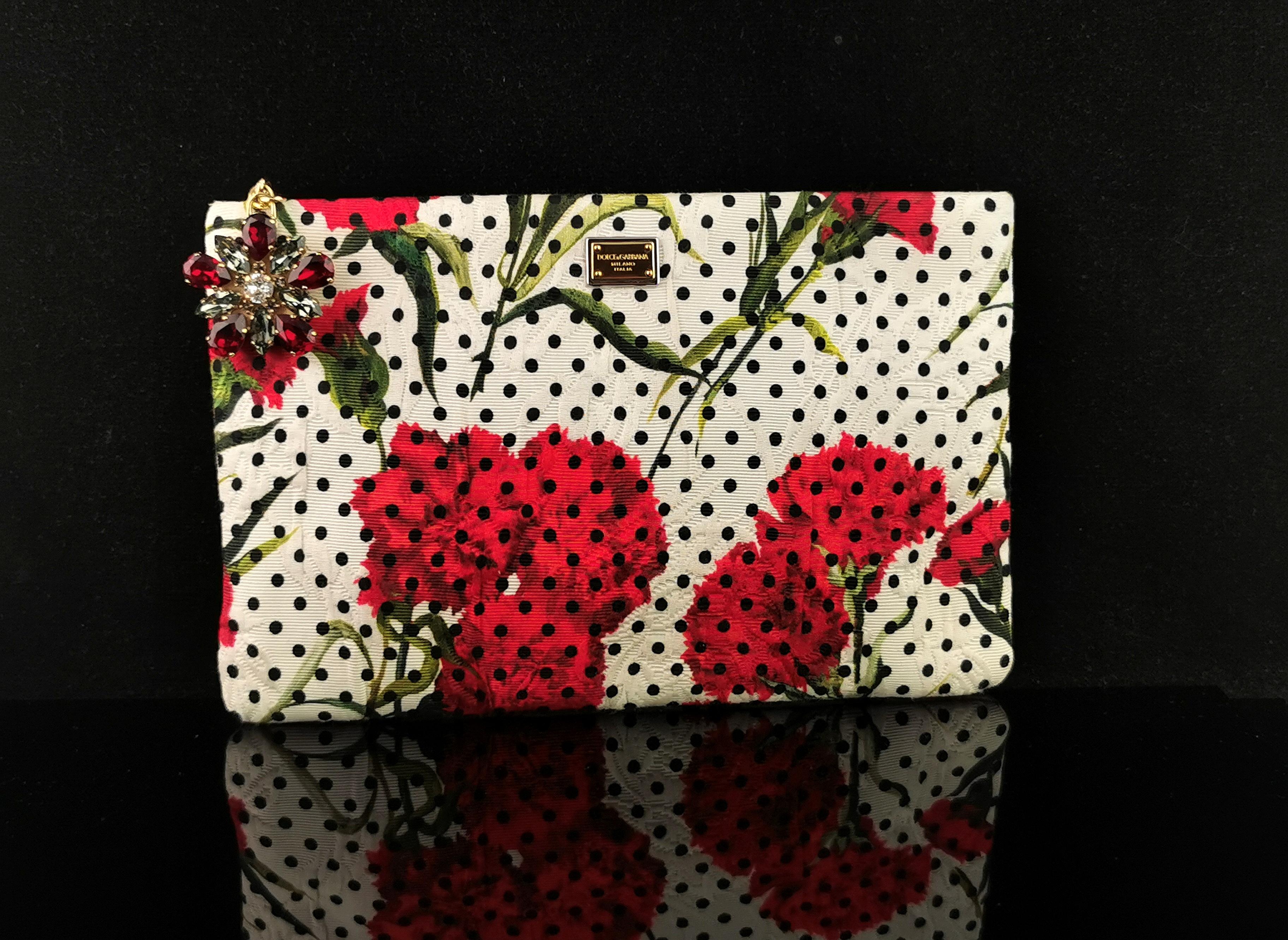 Beige Dolce and Gabbana floral clutch purse, Carnation and Polka dot For Sale