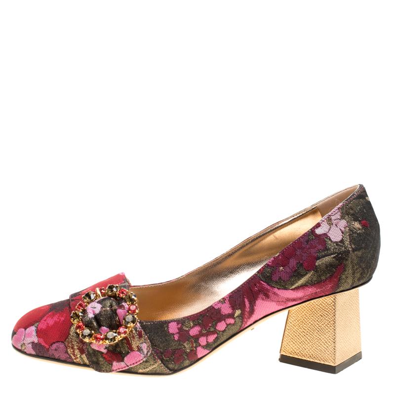 Women's Dolce and Gabbana Floral Jacquard Fabric Block Heel Pumps Size 37.5