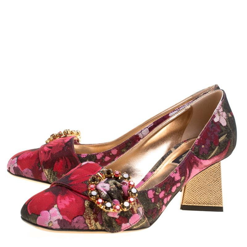 Dolce and Gabbana Floral Jacquard Fabric Block Heel Pumps Size 37.5 1