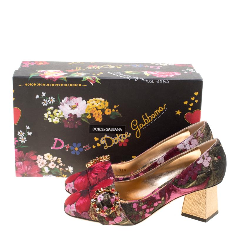 Dolce and Gabbana Floral Jacquard Fabric Block Heel Pumps Size 37.5 3