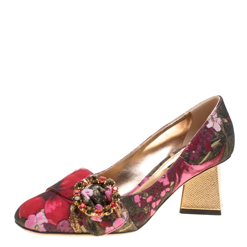 Dolce and Gabbana Floral Jacquard Fabric Block Heel Pumps Size 37.5
