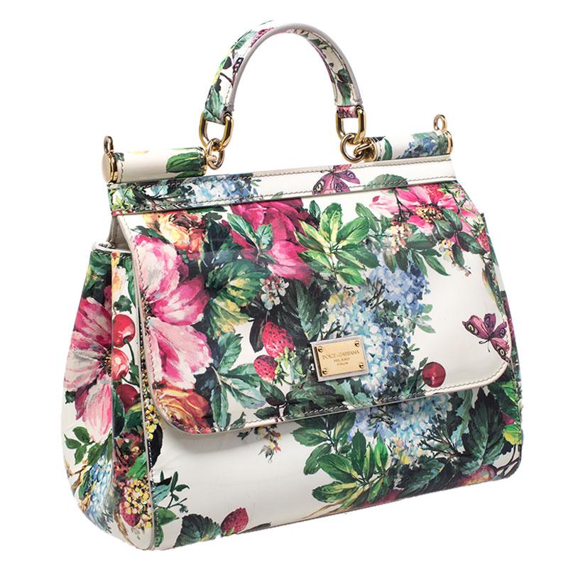 Dolce and Gabbana Floral Print Patent Leather Medium Miss Sicily Top Handle Bag In Good Condition In Dubai, Al Qouz 2
