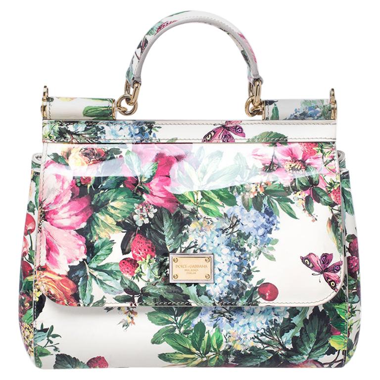 Dolce and Gabbana Floral Print Patent Leather Medium Miss Sicily Top Handle Bag
