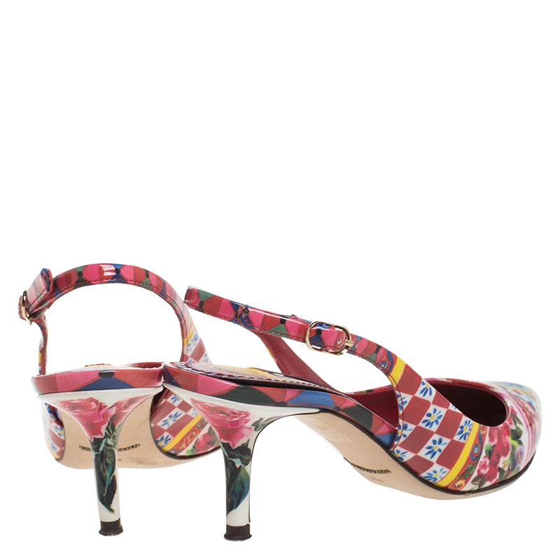 Pink Dolce And Gabbana Floral Print Patent Leather Slingback Sandals Size 36.5
