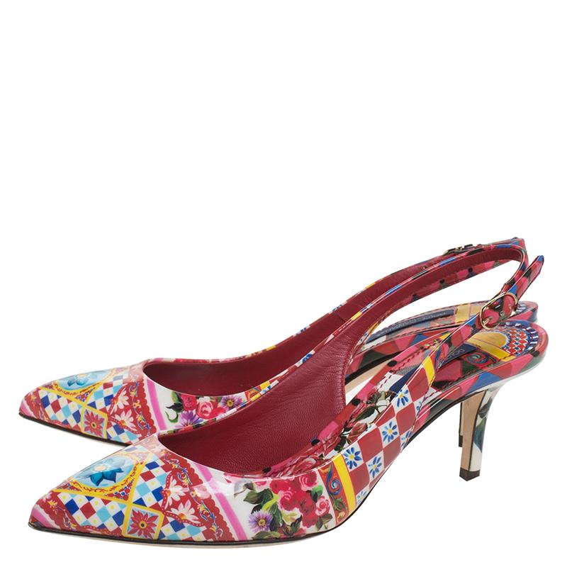 Dolce And Gabbana Floral Print Patent Leather Slingback Sandals Size 36.5 2