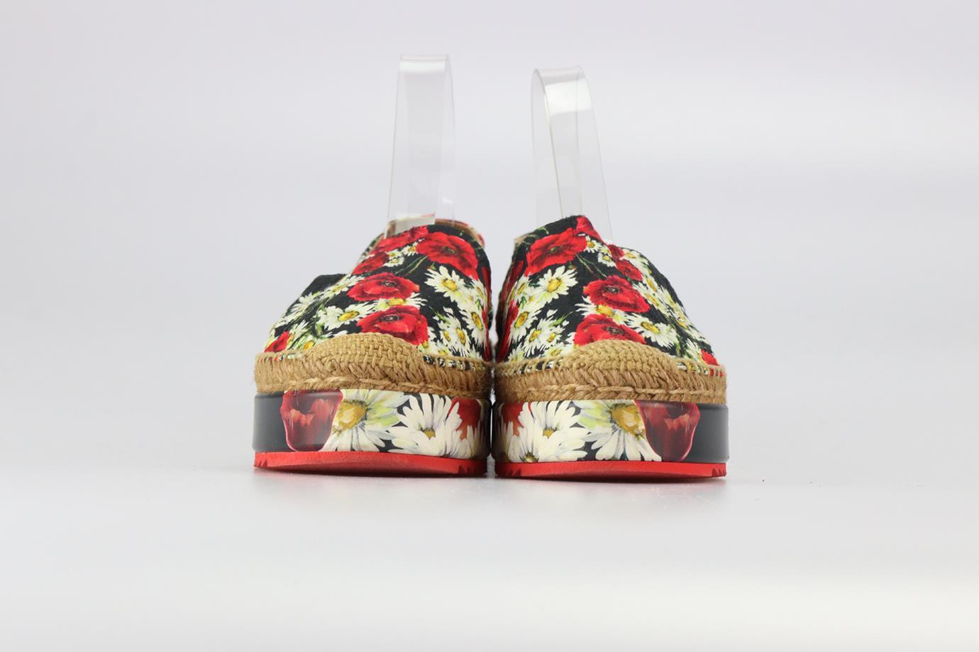 Dolce And Gabbana Floral Print Satin Platform Espadrille. Black, white and red. Slips on. Does not come with - dustbag or box. EU 40 (UK 7, US 10). Insole: 9.9 in. Heel height: 1.5 in. Platform: 1.2 in. Condition: Used. Very good condition - Some