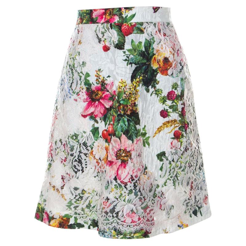 Dolce and Gabbana Floral Print Silk Blend Jacquard Applique Lace Detail Skirt S