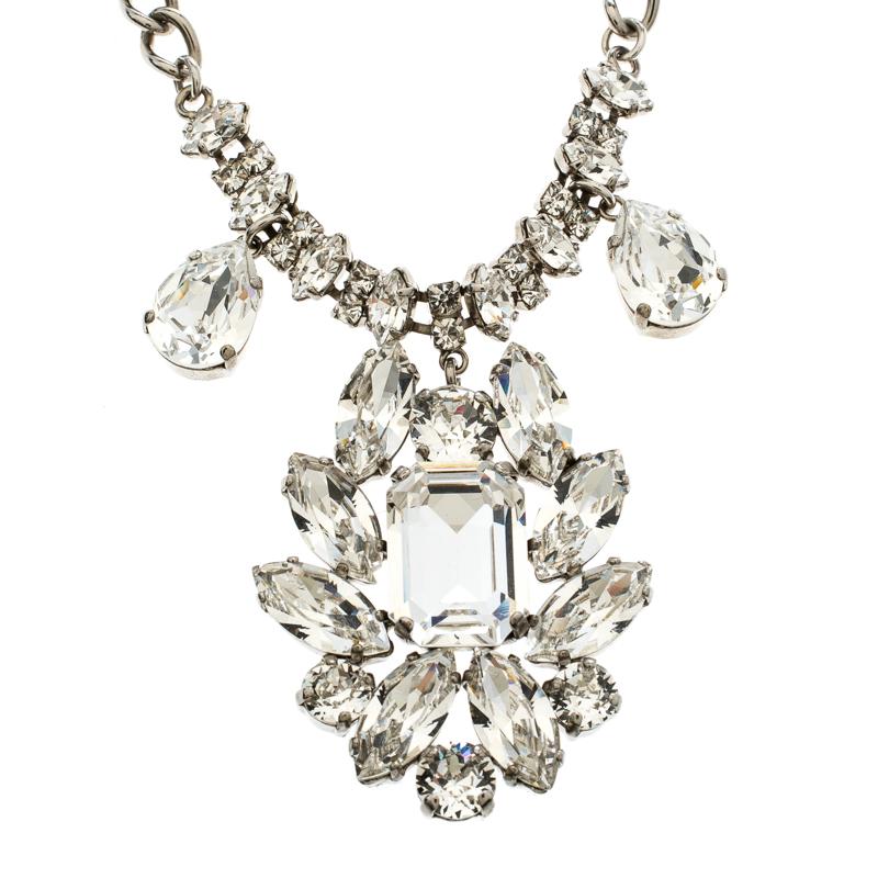 Contemporary Dolce and Gabbana Flower Crystal Silver Tone Necklace