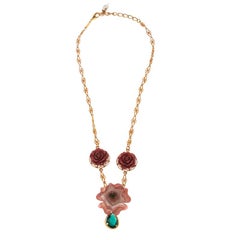 Dolce and Gabbana Flower Embellished Gold Tone Station Necklace