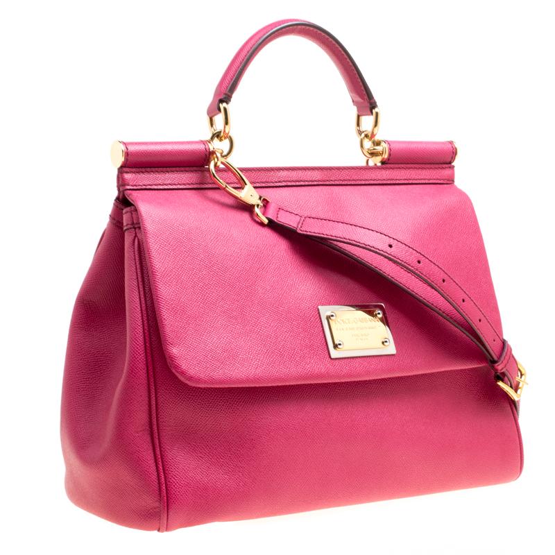 Dolce and Gabbana Fuchsia Pink Leather Large Miss Sicily Top Handle Bag In Good Condition In Dubai, Al Qouz 2