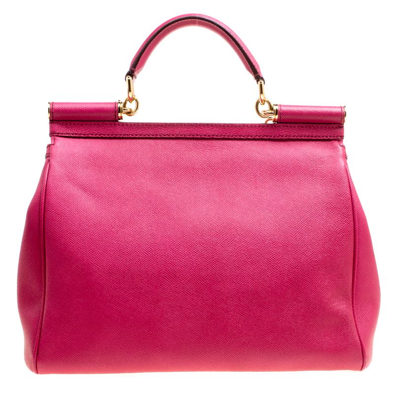 Women's Dolce and Gabbana Fuchsia Pink Leather Large Miss Sicily Top Handle Bag
