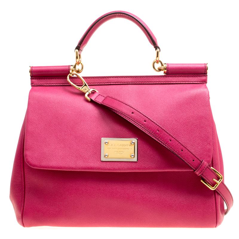 Dolce and Gabbana Fuchsia Pink Leather Large Miss Sicily Top Handle Bag